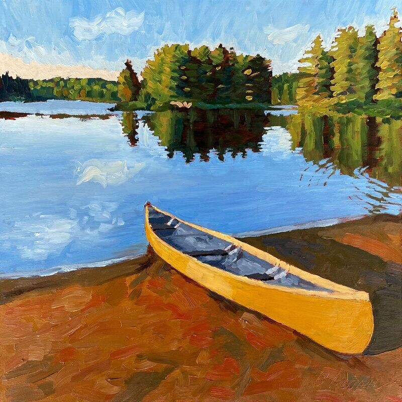 Original oil landscape painting of yellow canoe at algonquin park.