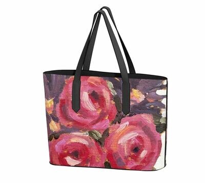 Vegan Leather Tote Bag - Deep Pink Roses