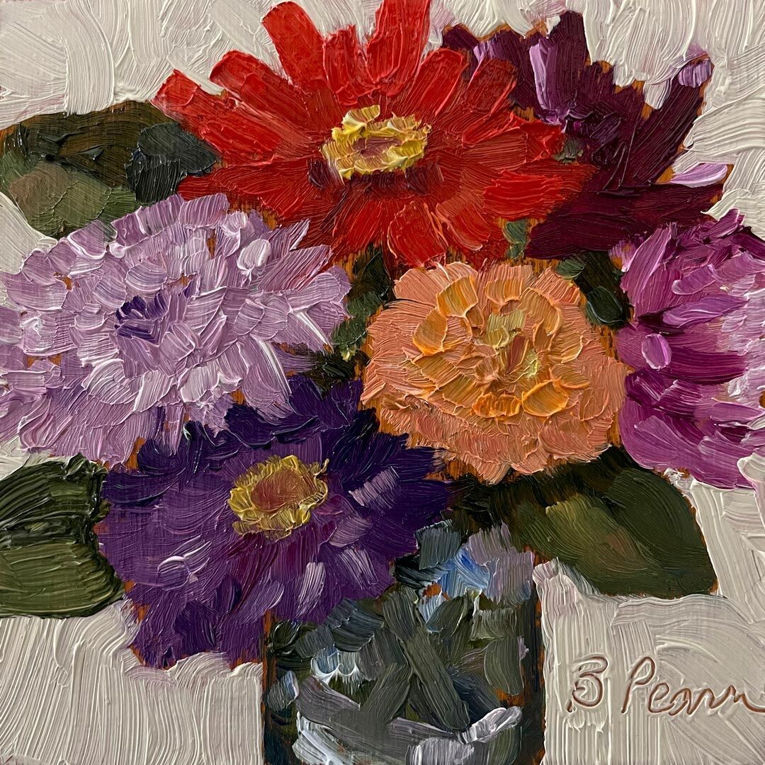 Small floral oil painting of a fall bouquet.