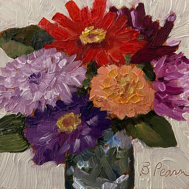 Small floral oil painting of a fall bouquet.