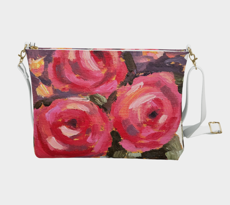 Vegan Leather Cross Body Bag — Deep Pink Roses