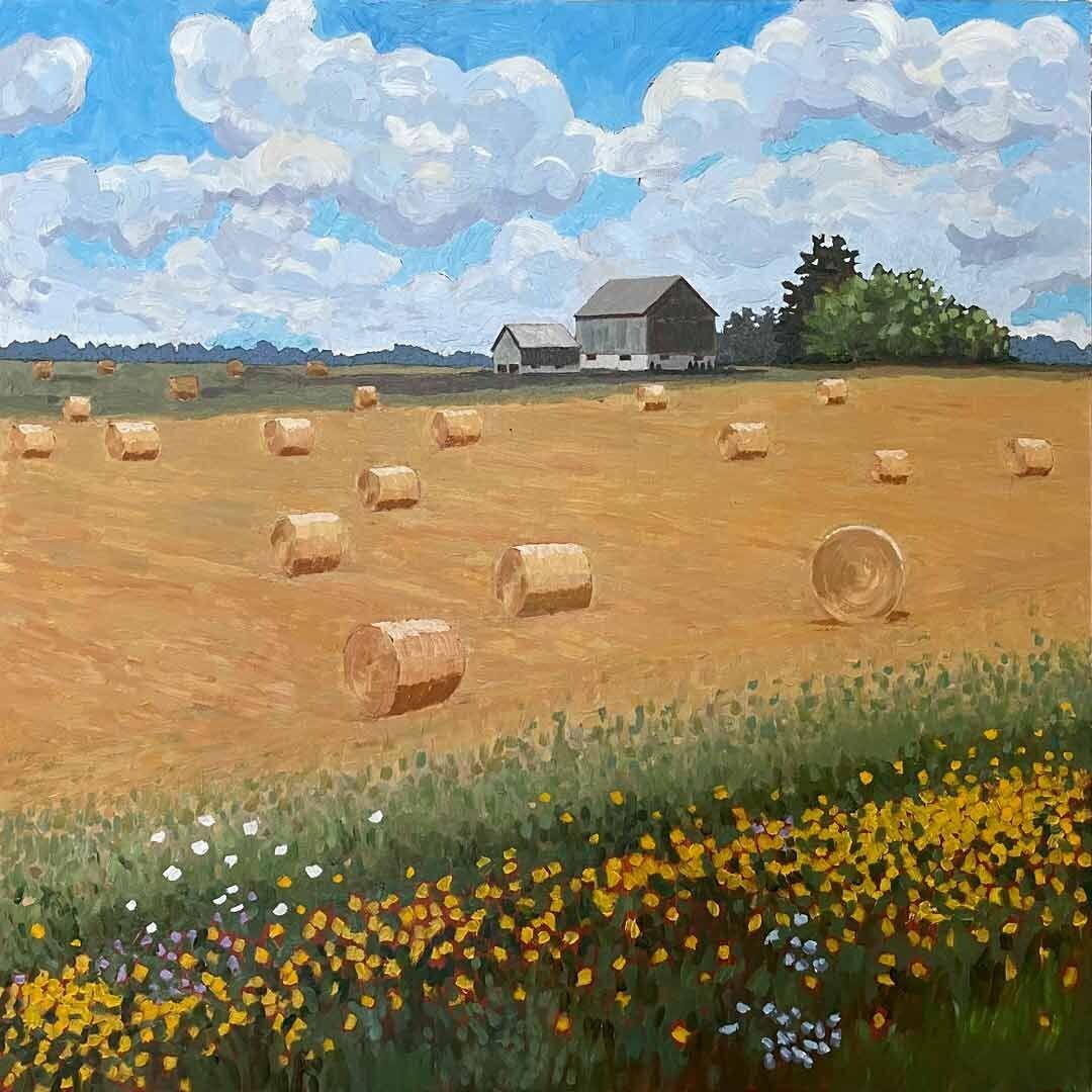 Landscape oil painting of a farm with straw bales with clouds in the sky.