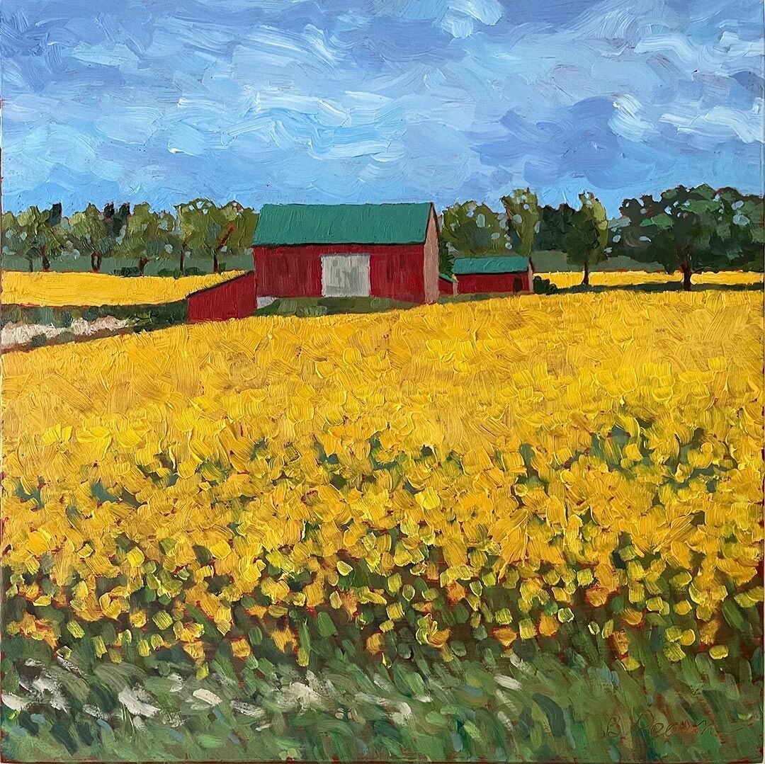Yellow canola and red barn oil painting.