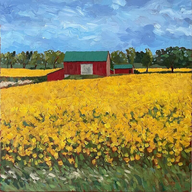 Yellow canola and red barn oil painting.