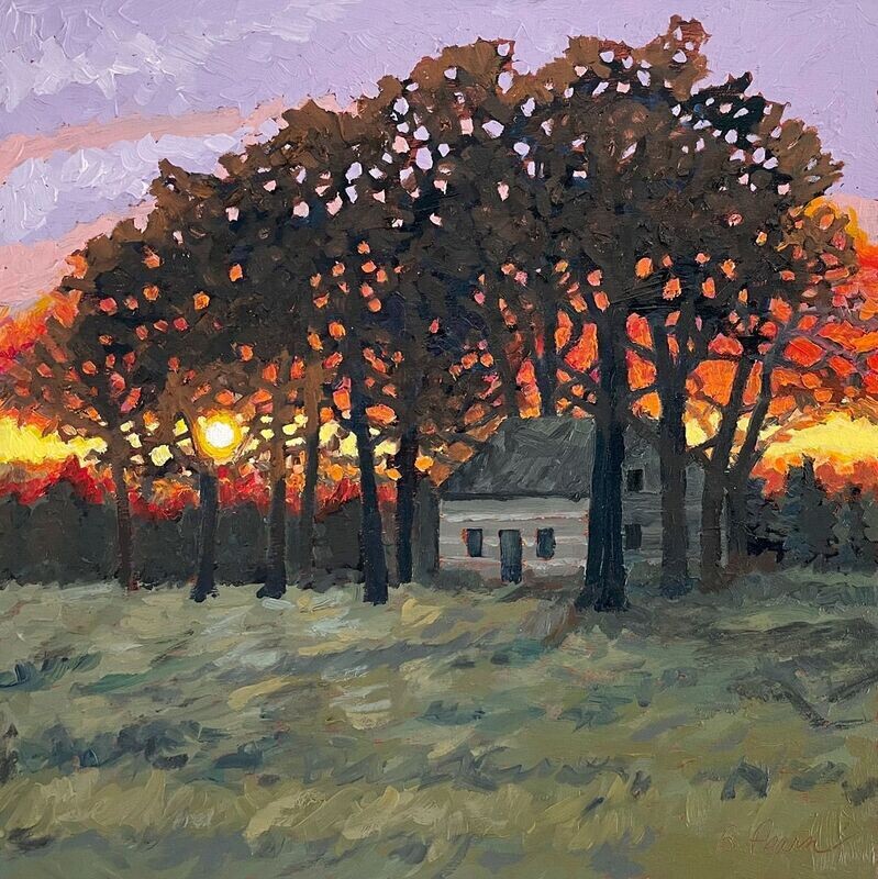 Original oil landscape painting of sunset and log cabin.