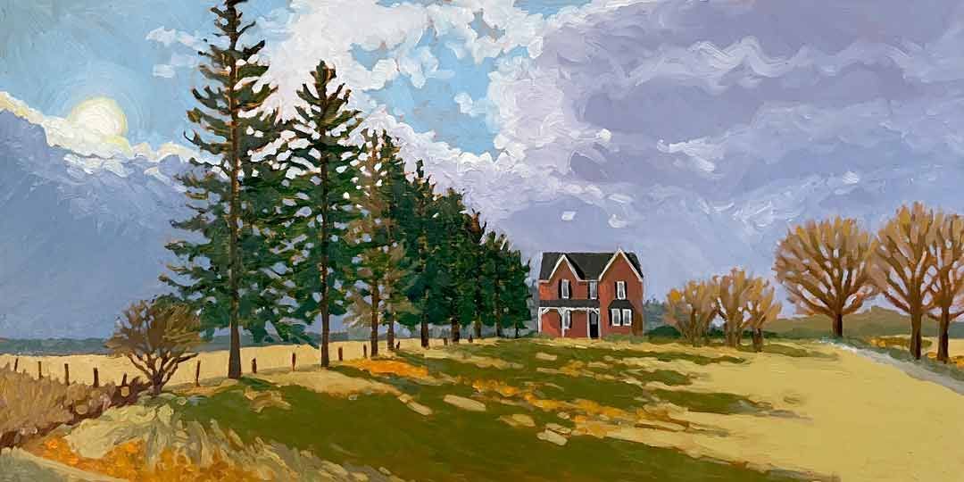 Original oil painting of a red brick farm house and row of evergreen trees.