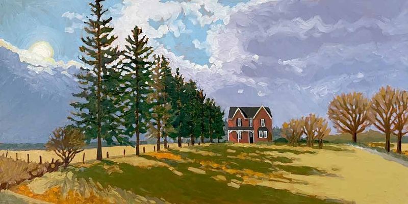 Original oil painting of a red brick farm house and row of evergreen trees.
