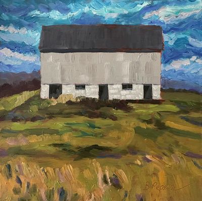 Original oil painting of a barn and stormy sky.