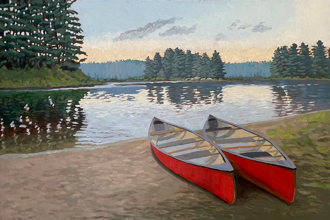 Original landscape painting of two canoes with dusk fast approaching.