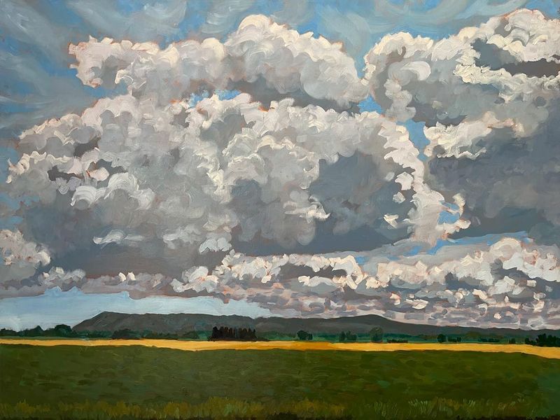 Original landscape painting of a big sky full of clouds.