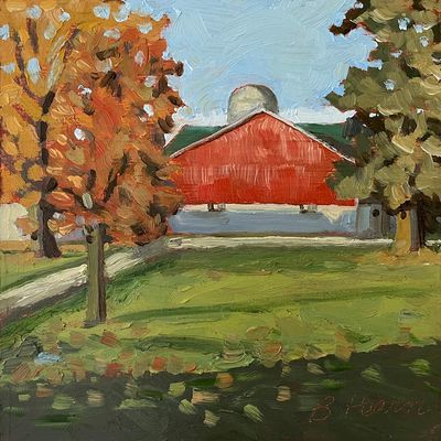 6x6" Red Barn in Autumn