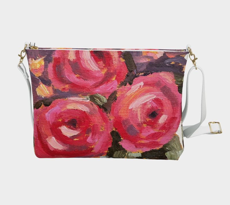 Vegan Leather Cross Body Bag - Deep Pink Roses