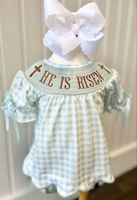 306 He Is Risen Smocked Bloomer Set