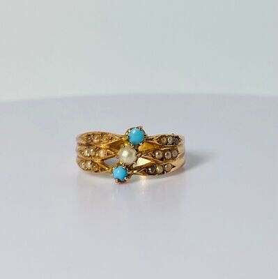 Antique ring with turquoise & seed pearls