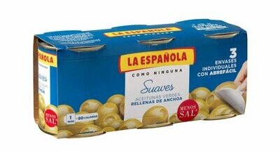 Aceitunas manzanilla rellenas de anchoas LA ESPAÑOLA pack de 3 latas de 50 g.