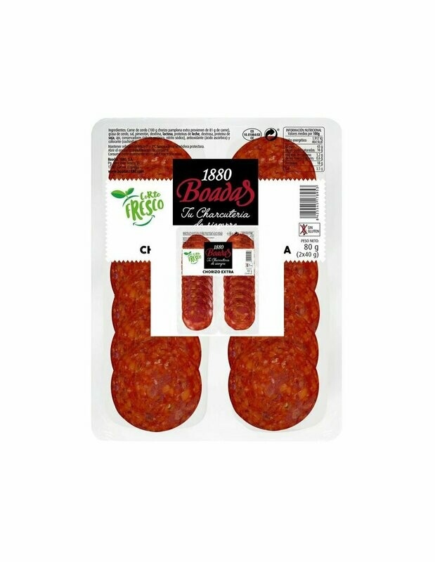 Chorizo de categoria extra, cortado en lonchas BOADAS 2 x 40 g.