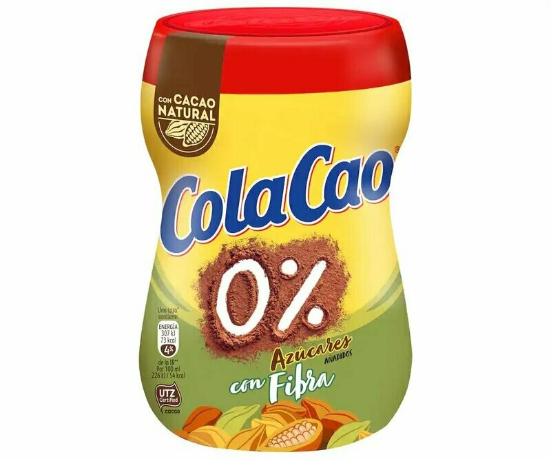ColaCao en polvo con fibra, 0% sin azúcares añadidos 300 g.
