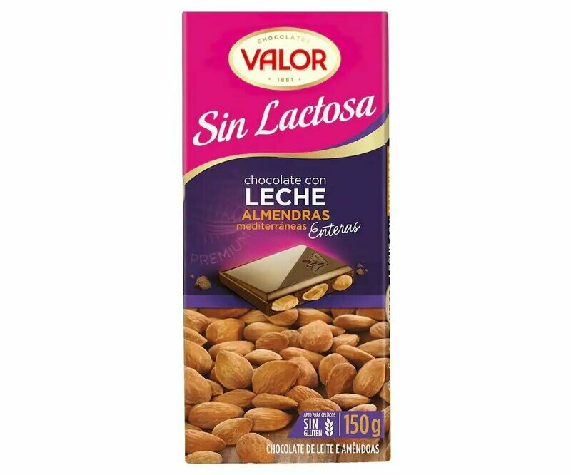 Chocolate con leche y almendras, sin lactosa y sin gluten VALOR 150 g.