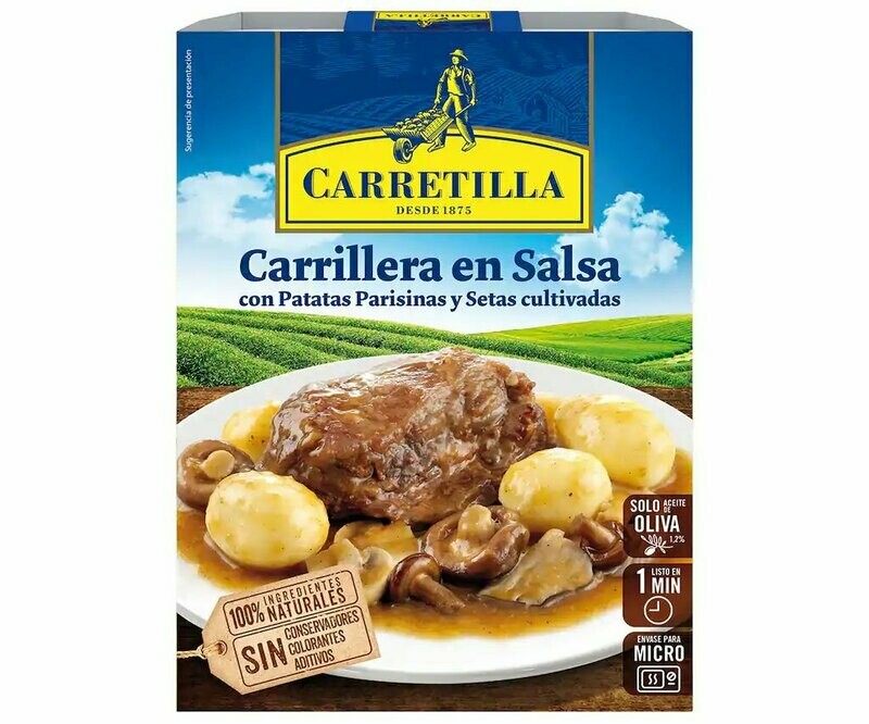 Carrilleras en salsa, con patatas y setas  CARRETILLA 300 g.