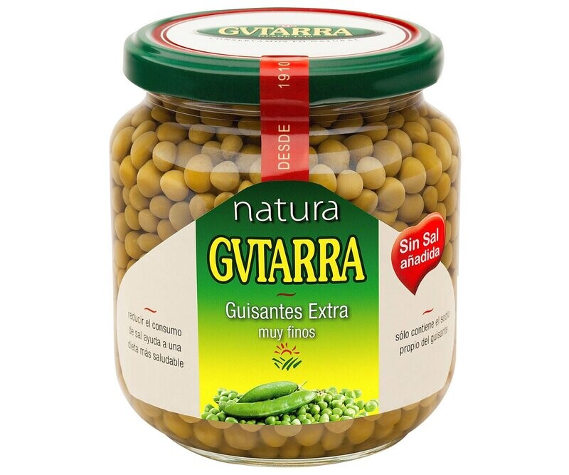 Guisantes muy finos de calidad extra sin sal añadida GVTARRA frasco de 360 g.