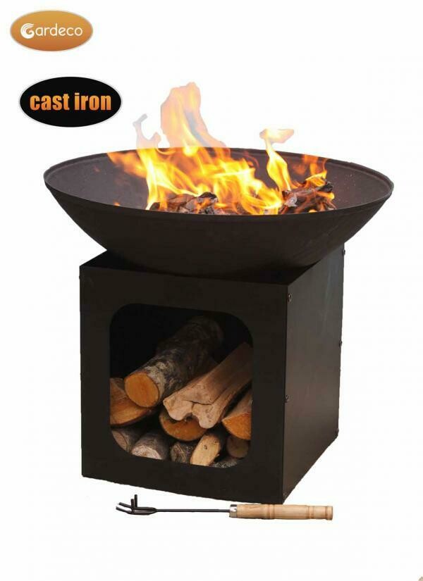 Isla Large cast iron fire bowl with log store