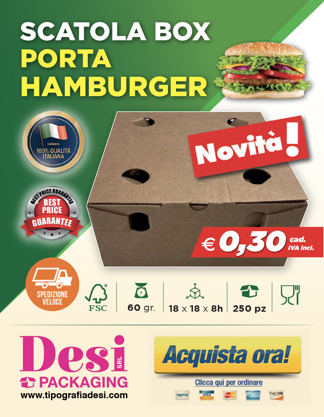 Scatola Box Porta Hamburger - Confezione da 250 pz