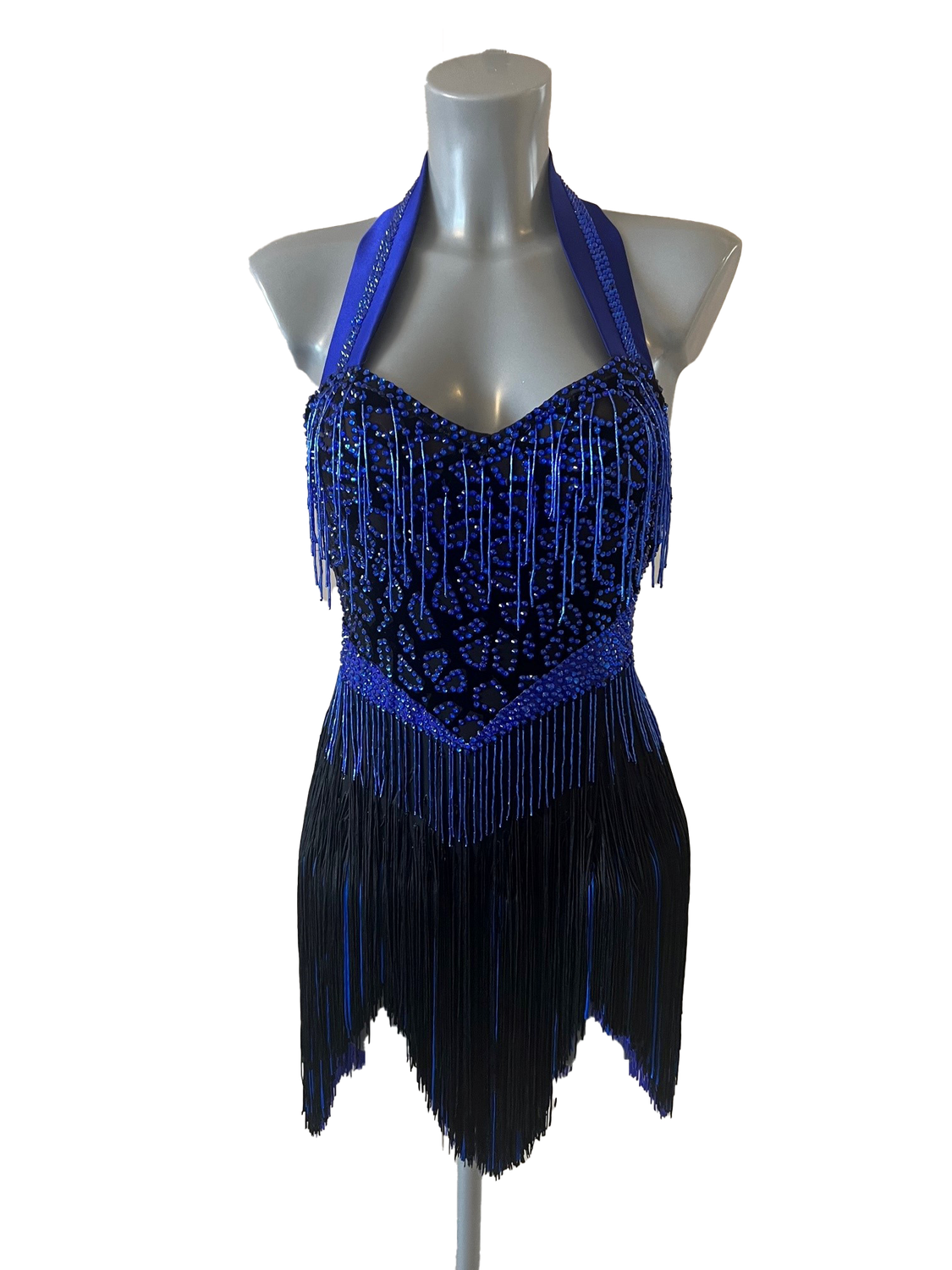 Sapphire & Black Beaded Fringe Latin Dress