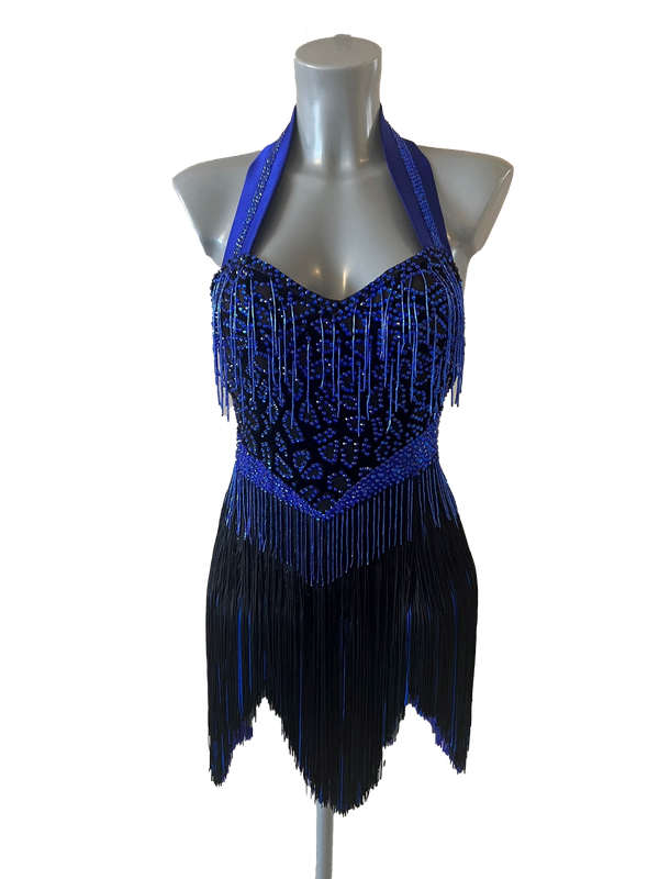 Sapphire & Black Beaded Fringe Latin Dress