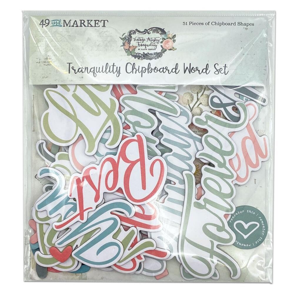 49 &amp; Market - Vintage Artistry - Tranquility Collection - Chipboard Word Set - VAT39760 - 51 pcs