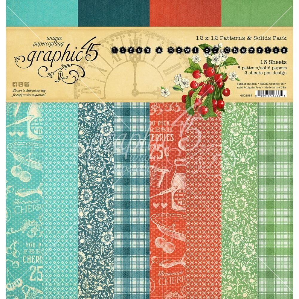 Graphic 45 - Life&#39;s A Bowl of Cherries - 12 x 12 - Paper Pad - Pattern &amp; Solids Pad - G4502582 - 16 Sheets