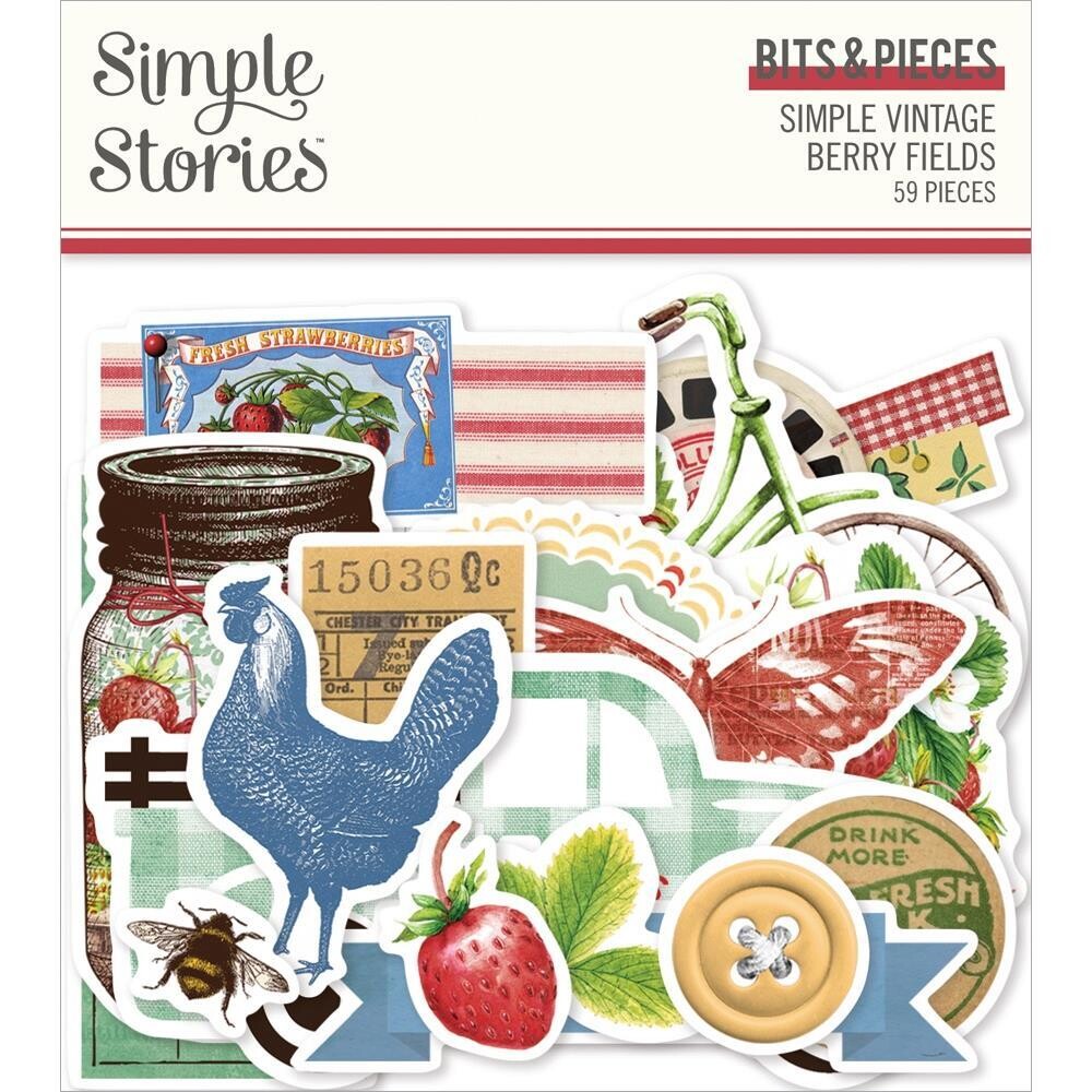 Simple Stories - Simple Vintage Berry Fields Collection - Die Cuts - Bits &amp; Pieces - BER20122 - 59 pcs