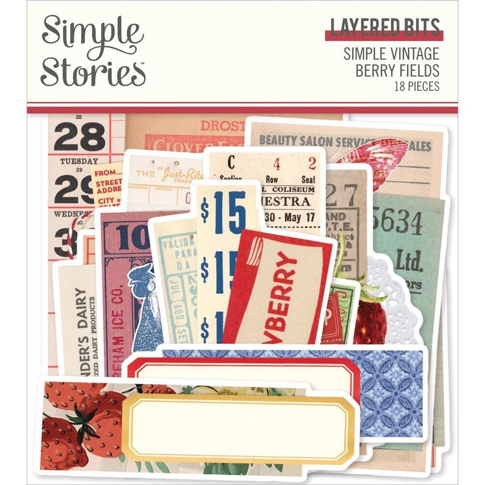 Simple Stories - Simple Vintage Berry Fields Collection - Die Cuts - Bits &amp; Pieces - Layered - BER20123 - 18 pcs