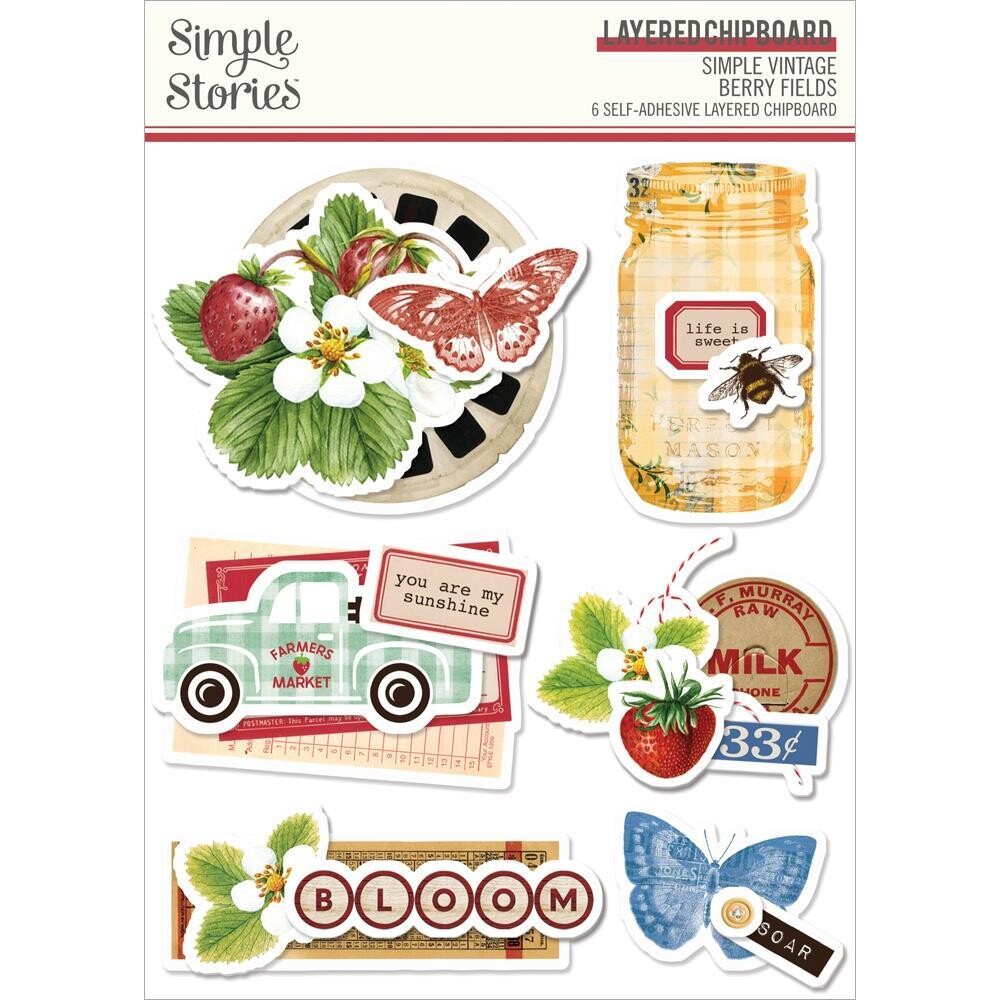 Simple Stories - Simple Vintage Berry Fields Collection - Layered Chipboard - BER20129 - 6pcs