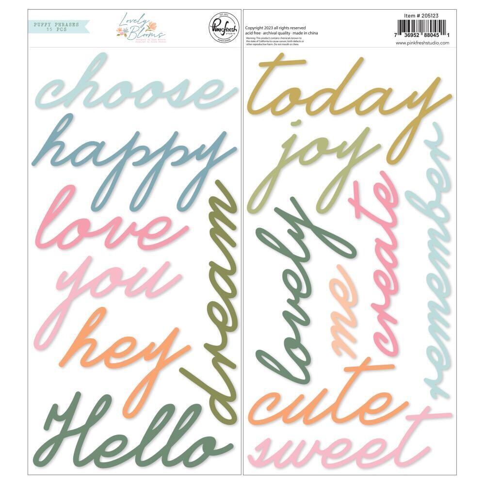 PinkFresh Studio - Lovely Blooms - Puffy Phrases - 205123- 6" x 12 - 2 sheets