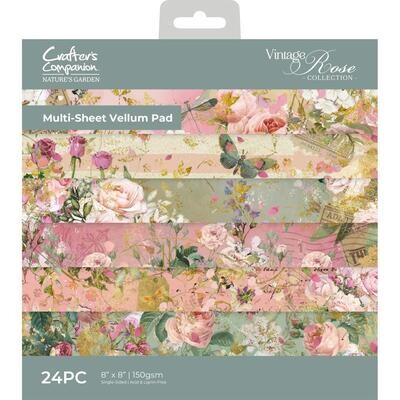 Crafters Companion - Nature&#39;s Garden - Vintage Rose Collection - Vellum Paper Pad - 8&quot; x 8&quot; - 24 Sheets