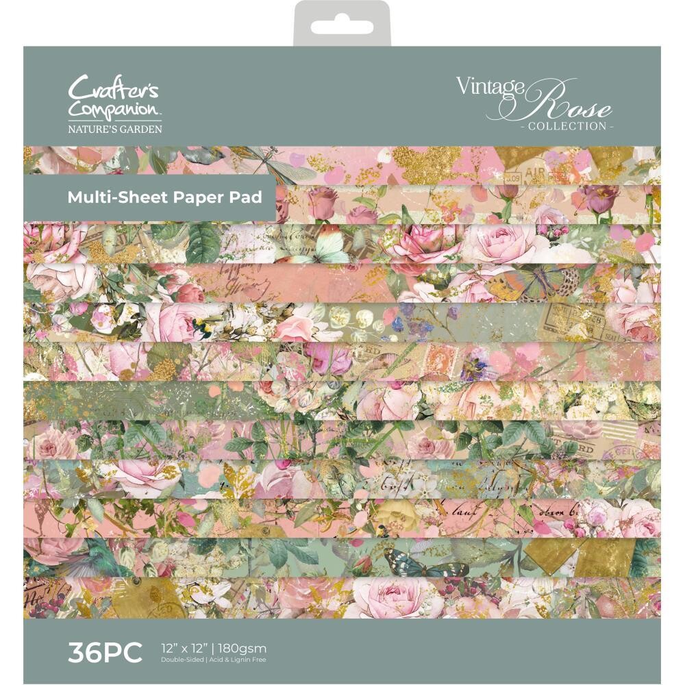 Crafters Companion - Nature&#39;s Garden - Vintage Rose Collection - 12 x 12 Paper Pad - 36 Sheets - NGA-VR-PAD12