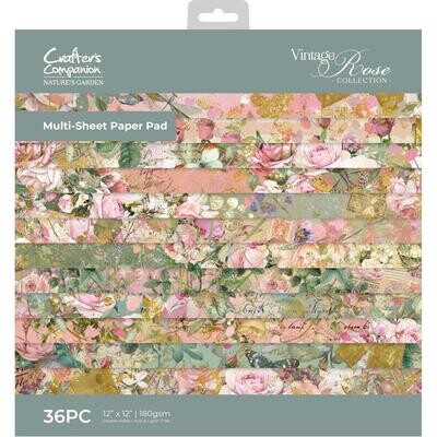 Crafters Companion - Nature&#39;s Garden - Vintage Rose Collection - 12 x 12 Paper Pad - 36 Sheets - NGA-VR-PAD12