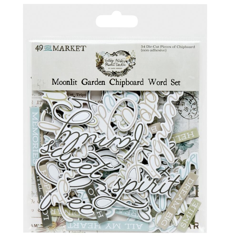 49 &amp; Market - Vintage Artistry - Moonlit Garden Collection - Chipboard Word Set - VMG254750 - 54 pcs