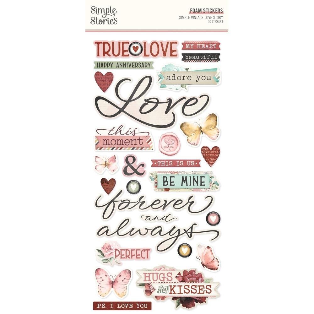 Simple Stories - Simple Vintage - Love Story Collection - Foam Stickers - 6&quot; x 12&quot; sheets - VLO21429 - 2 sheets - 50 pcs
