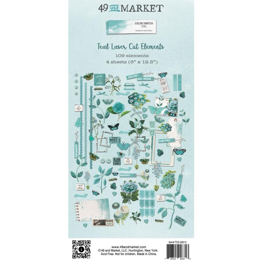 49 &amp; Market - Colour Swatch - Teal Collection - Laser Cut Outs - Elements - 6&quot; x 12&quot; - TCS26313 - 109 pcs