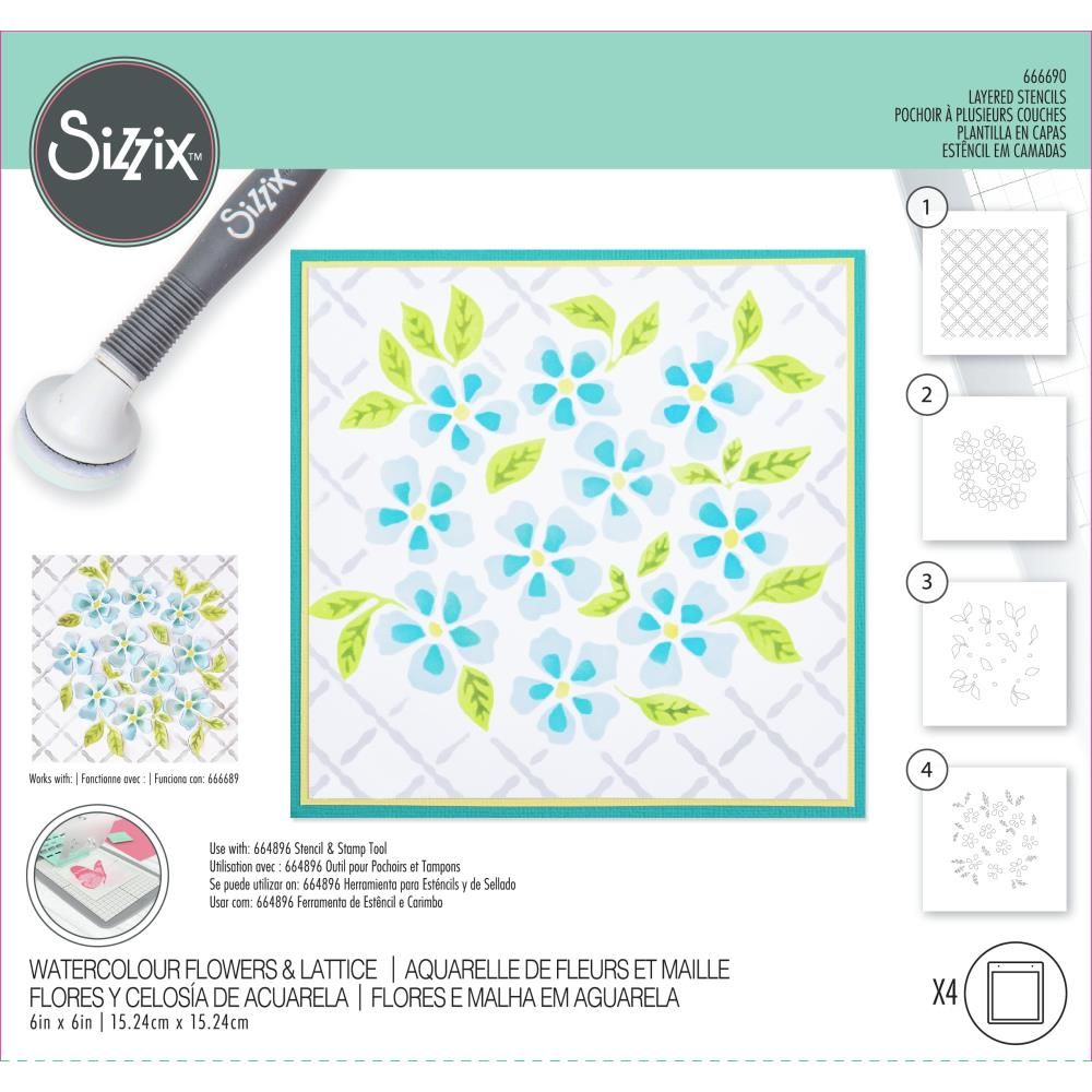 Sizzix - Layered Stencil Set - Designed by Eileen Hull - Watercoloured Flowers and Lattice - 666690 - 4 pcs