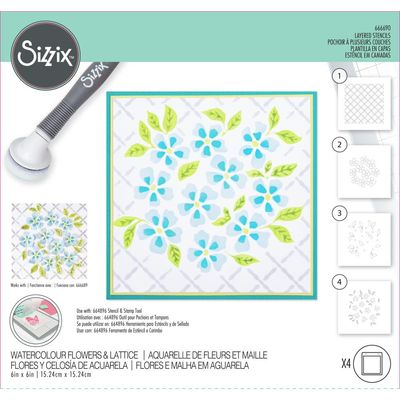 Sizzix - Layered Stencil Set - Designed by Eileen Hull - Watercoloured Flowers and Lattice - 666690 - 4 pcs