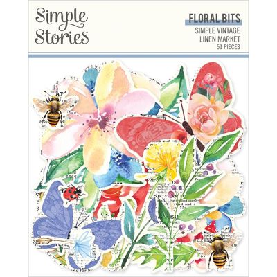 Simple Stories - Bits &amp; Pieces - Die Cuts - Simple Vintage Linen Market Collection - Floral - SVLM22723 - 51 pcs