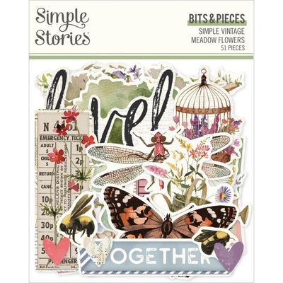 Simple Stories - Bits &amp; Pieces - Die Cuts - Simple Vintage Meadow Flowers Collection - SVMF22622 - 51 pcs