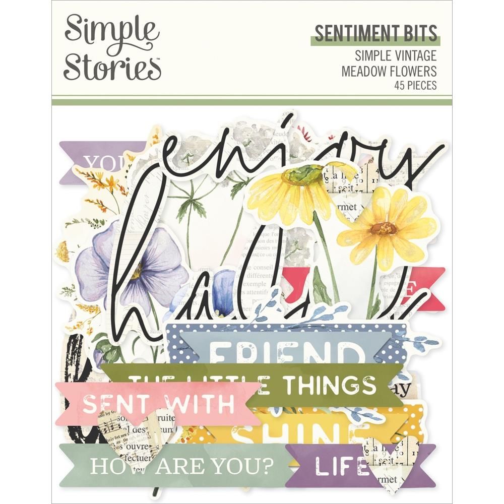 Simple Stories - Simple Vintage Meadow Flowers Collection - Bits &amp; Pieces - Die Cuts - Sentiments - SVMF22624 - 45 pcs
