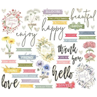 Simple Stories - Simple Vintage Meadow Flowers Collection - Bits &amp; Pieces - Die Cuts - Sentiments - SVMF22624 - 45 pcs