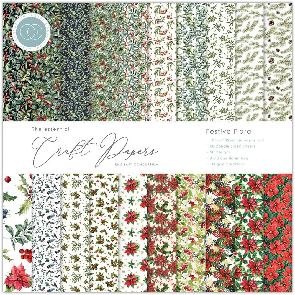 Craft Consortium - The Essential Craft Papers - Festive Florals - 12 x 12 Paper Pad - CCEPAD011 - 30 Sheets
