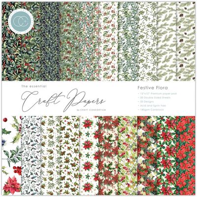 Craft Consortium - The Essential Craft Papers - Festive Florals - 12 x 12 Paper Pad - CCEPAD011 - 30 Sheets