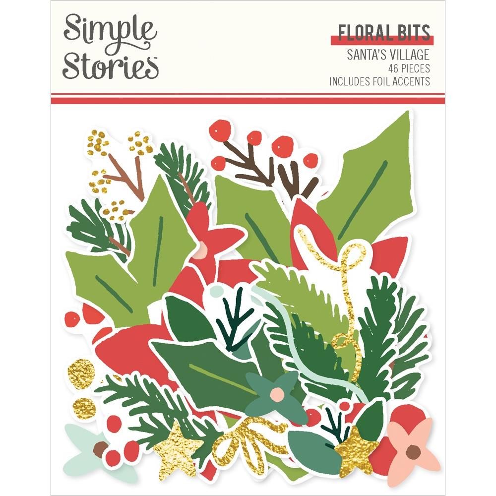 Simple Stories - Santa&#39;s Village Collection - Die Cuts - Bits &amp; Pieces - Floral - SV23020 - 46 pcs