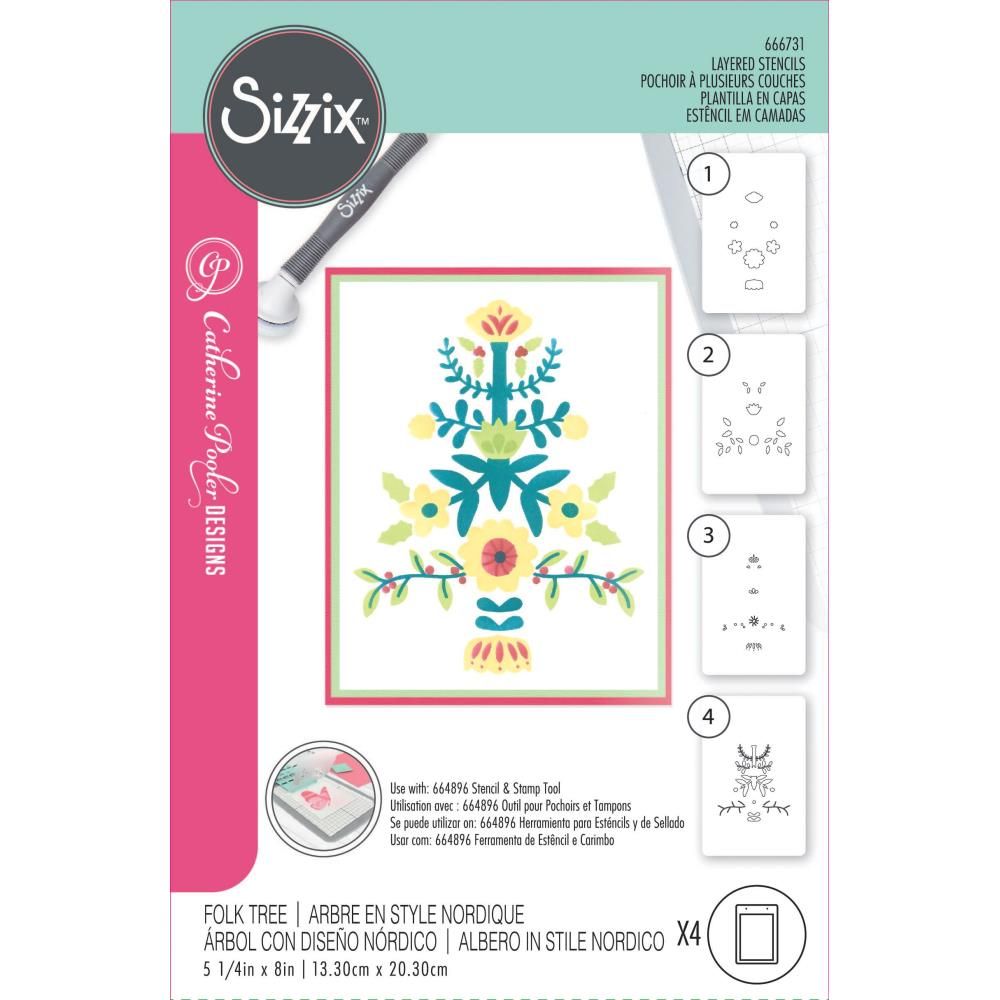 Sizzix - Catherine Pooler - 12 Days of Christmas Collection - Layered Stencils - A6 - Folk Tree - 666731 - 6 pcs
